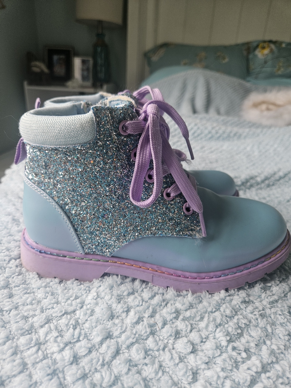 Kids Glitter Lace-Up Ankle Boots in Light Blue and Lilac